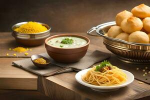 indisch Essen mit Schalen von Reis und Löffel. KI-generiert foto