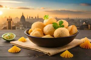 Italienisch Essen im ein Schüssel mit Stadtbild Hintergrund. KI-generiert foto