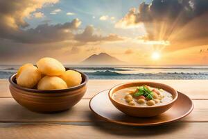 Suppe und Brot auf hölzern Tabelle mit Sonnenuntergang im Hintergrund. KI-generiert foto