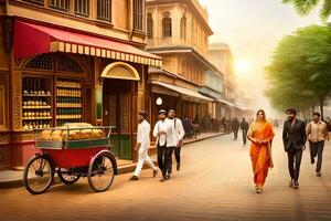 ein Mann und Frau Gehen Nieder das Straße im Indien. KI-generiert foto