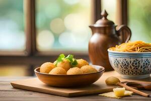 Chinesisch Essen mit Nudeln und Knödel auf hölzern Tisch. KI-generiert foto