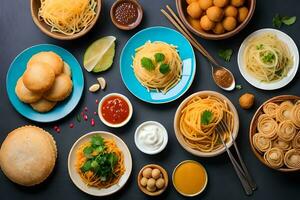verschiedene Typen von indisch Essen auf Platten. KI-generiert foto