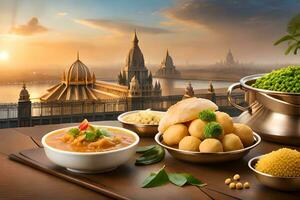 indisch Essen auf ein Tabelle mit ein Aussicht von das Stadt. KI-generiert foto