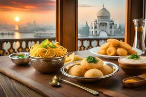 indisch Essen beim Sonnenuntergang im Indien. KI-generiert foto