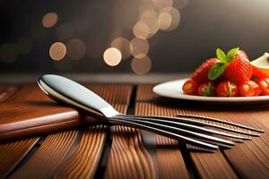 ein Gabel und Messer auf ein Tabelle mit ein Teller von Erdbeeren. KI-generiert foto