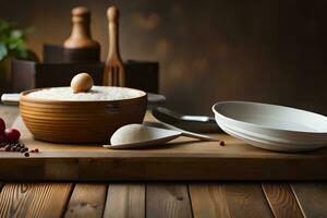 ein hölzern Schneiden Tafel mit ein Schüssel von Reis und andere Utensilien. KI-generiert foto