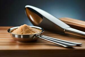 ein Messung Löffel und ein Scoop von Zucker auf ein Schneiden Tafel. KI-generiert foto