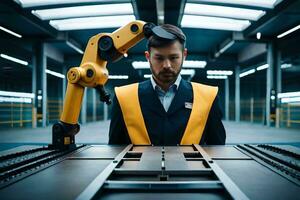 ein Mann im ein Gelb Weste ist Arbeiten auf ein Maschine. KI-generiert foto
