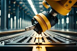 ein Roboter Arm ist Arbeiten auf ein Metall Maschine. KI-generiert foto