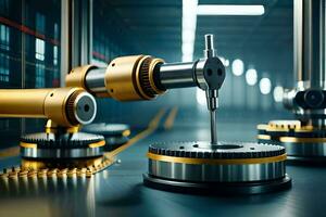 industriell Roboter Arbeiten auf ein Maschine im ein Fabrik. KI-generiert foto