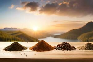 Gewürze auf hölzern Tabelle mit Berge im das Hintergrund. KI-generiert foto