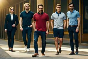 fünf Männer im Polo Hemden Gehen Nieder ein Straße. KI-generiert foto