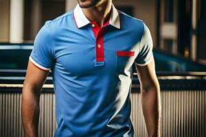 ein Mann im ein Blau Polo Hemd und rot Kragen. KI-generiert foto
