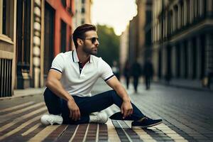 ein Mann Sitzung auf das Straße im ein Weiß Hemd und Sonnenbrille. KI-generiert foto