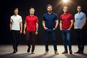 fünf Männer im anders Farben von Polo Hemden. KI-generiert foto