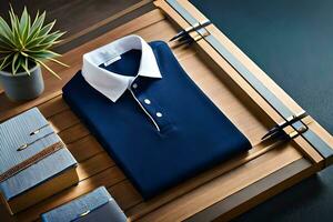 ein Blau Polo Hemd auf ein hölzern Tisch. KI-generiert foto