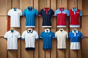 ein Reihe von anders farbig Polo Hemden hängend auf ein Mauer. KI-generiert foto