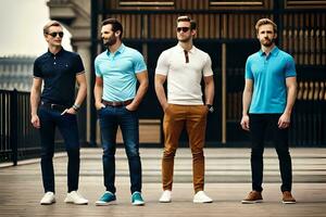 fünf Männer im anders Farben von Polo Hemden. KI-generiert foto