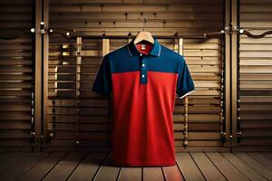 ein rot und Blau Polo Hemd hängend auf ein hölzern Aufhänger. KI-generiert foto
