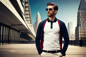 ein Mann im Sonnenbrille und ein Polo Hemd Stehen auf ein Brücke. KI-generiert foto