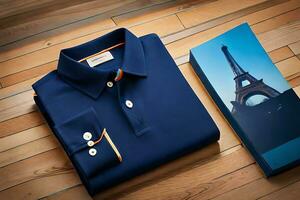 ein Blau Hemd und ein Box mit das Eiffel Turm im das Hintergrund. KI-generiert foto