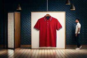 ein Mann Stehen im Vorderseite von ein rot Polo Shirt. KI-generiert foto