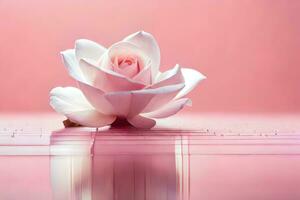 ein Single Rose ist Sitzung auf oben von ein Rosa Oberfläche. KI-generiert foto