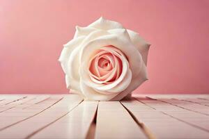 ein Single Weiß Rose auf ein hölzern Tisch. KI-generiert foto