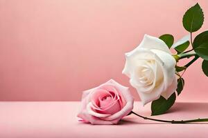 zwei Weiß und Rosa Rosen auf ein Rosa Hintergrund. KI-generiert foto