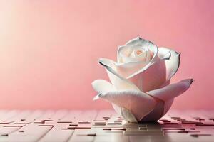 ein Single Weiß Rose Sitzung auf oben von ein Puzzle. KI-generiert foto