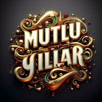 glänzend und Gold farbig Mutlu Yillar Text Illustration wie Türkisch, generativ ai. wie Englisch diese meint Das glücklich Neu Jahr. foto