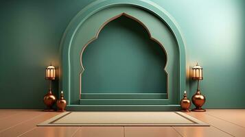 Grün Podium mit Beige Elemente im Arabisch minimalistisch Stil. Podium im das Stil von Ramadan, eid mubarak.ai generiert foto