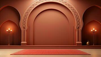 Podium Hintergrund im Ramadan Urlaub Minimalismus Stil . orientalisch Arabisch Design mit Schatten von Pastell- Farben. ai generiert foto