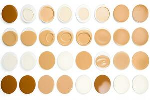 bilden Flüssigkeit Stiftung, Beige Concealer Abstriche Satz. Licht braun kosmetisch machen oben Base Sahne Swatch verschmieren isoliert auf Weiß Hintergrund. bb cc Sahne Textur. neural Netzwerk ai generiert foto