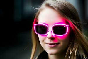 Neon- Porträt von ein Mädchen mit Brille. neural Netzwerk ai generiert foto