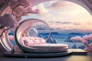 Fantasie Welt, futuristisch Fantasie Bett mit von das Himmel und Rosa Wolken. generativ ai foto