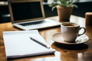 ein Büro Desktop ein Stapel von a4 Weiß Papier, ein Stift, ein Tasse von Kaffee. generativ ai foto