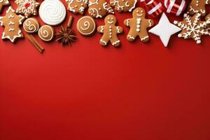 Weihnachten Banner mit etwas die Geschenke, Lebkuchen Mann Kekse auf rot Hintergrund. generativ ai foto