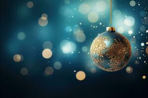 Weihnachten Baum im Ball hängend Tanne Ast mit golden glänzend auf Blau abstrakt Nacht. generativ ai foto