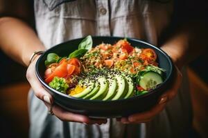 schließen oben von ein Frau vorbereiten ein Salat. generativ ai foto