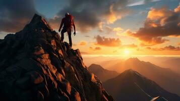 schwarz Silhouette von ein Bergsteiger auf ein Cliff Felsen mit Berge Landschaft. generativ ai foto