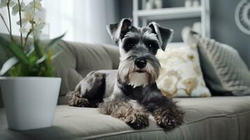 modern Leben Zimmer Innere. süß Schnauzer auf Couch. generativ ai foto