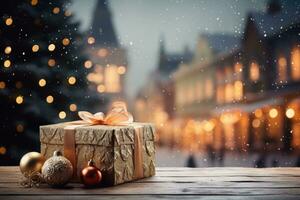 Weihnachten Geschenk auf hölzern Tisch. Weihnachten Dorf auf ein schneebedeckt Nacht im Jahrgang Stil. generativ ai foto