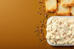 Kopieren Raum Hintergrund Brot Scheibe und Würstchen Mayonnaise Belag. generativ ai foto