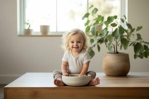 Stil realistisch Foto von ein Baby Sitzung Nächster zu ein einfach Weiß Foto rahmen. generativ ai