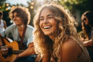 Freundschaft Konzept, Gruppe von glücklich freunde haben Bier Party im Sommer- Tag. generativ ai foto