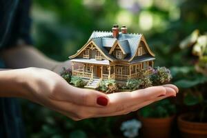 ein Frau halten ein klein Modell- Haus im ihr Hände. echt Nachlass und Versicherung Konzept. generativ ai foto