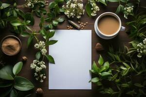 ein Büro Desktop ein Stapel von a4 Weiß Papier, ein Stift, ein Tasse von Kaffee. generativ ai foto