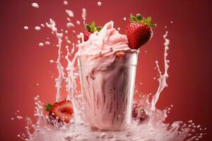 Erdbeere Smoothie Frappé bewirken wirbelnd Welle Erdbeere Milch Spritzen um Glas. generativ ai foto