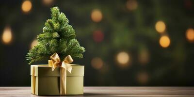 Geschenk Box mit Mini Weihnachten Baum schließen hoch, leeren Raum. generativ ai foto